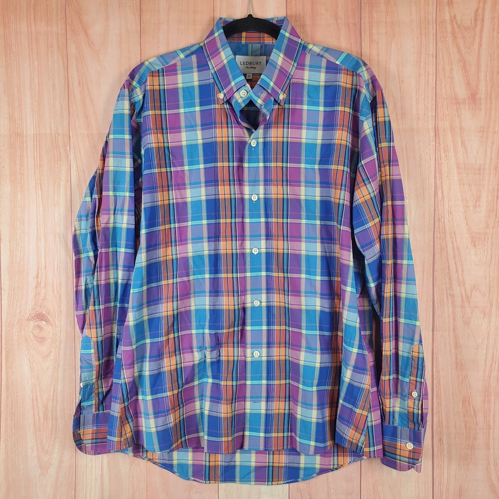 Ledbury Mens Shirt Sz XL Purple Plaid Cotton Long Sleeve Collared Button-Down
